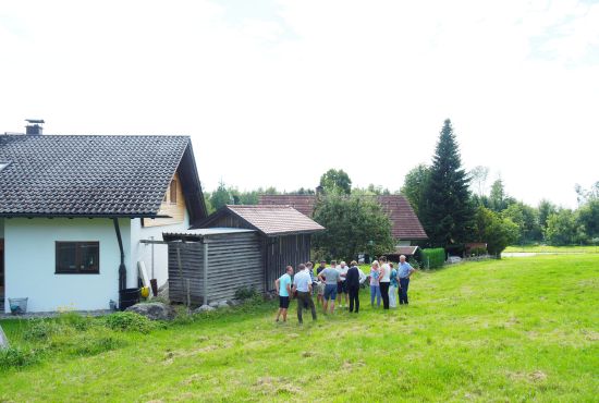 Menschen stehen auf einer Wiese