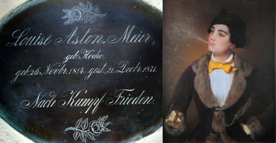 Grabplatte und Frau mit Zigarre