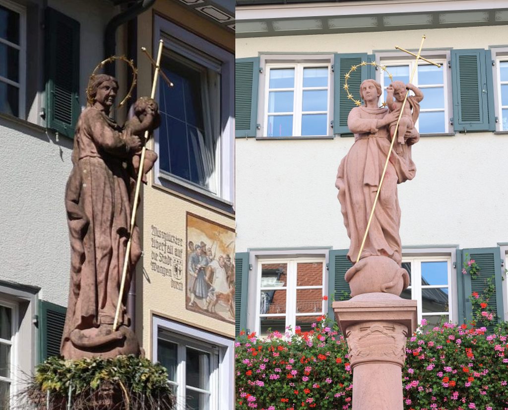 Zwei Fotos in einem: die Marienstatue vor und nach der Reinigung.