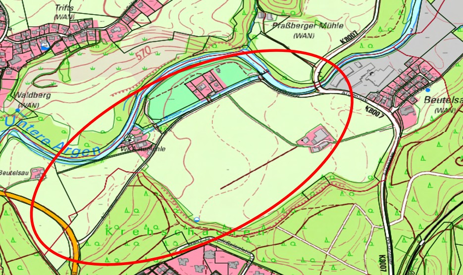 Karte eines geografischen Gebiets mit Flüssen, Weiden und Siedlungen. Eine rote Linie umschließt ein bestimmtes Gebiet, das auf der Karte markiert ist. Der Kartenhintergrund zeigt verschiedene Geländehöhen und -merkmale.
