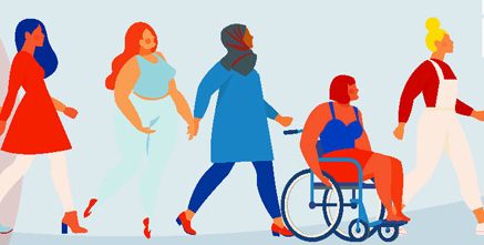 Eine Grafik zeigt fünf Frauen, eine im Rollstuhl 