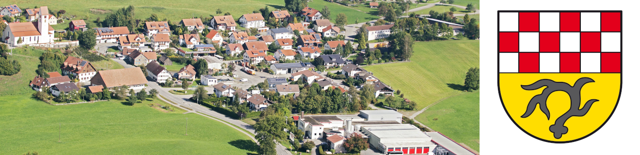 Collage auf der links eine Luftaufnahme der Ortschaft Leupolz zu sehen ist und rechts das Wappen von Leupolz