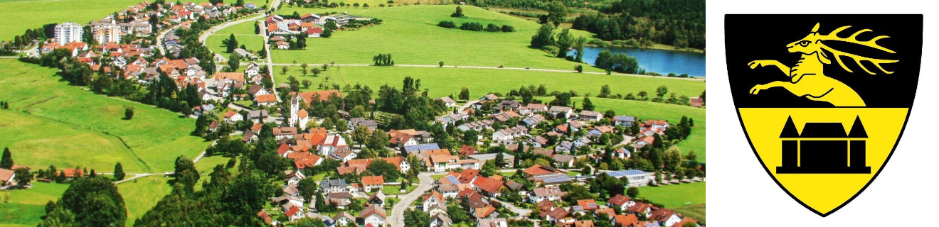Collage mit einem Luftbild von Primisweiler links und dem Wappen von Schomburg rechts