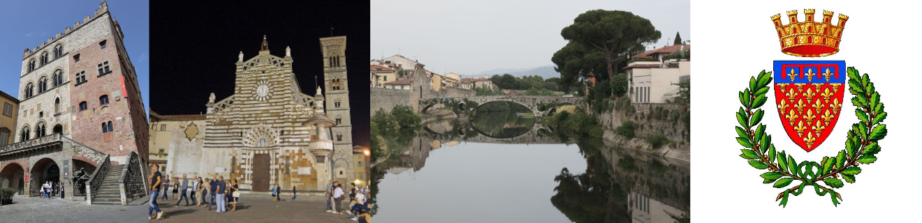 Bildcollage, links viele winkende und strahlende Menschen auf einer Bühne, rechts das Wappen der Stadt Prato.