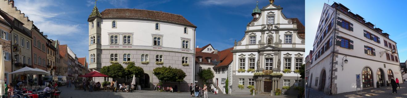 Collage au der links das Hinterofenhaus und das Rathaus mitsamt Marktplatz zu sehen sind und rechts ist das Büchereigebäude abgebildet