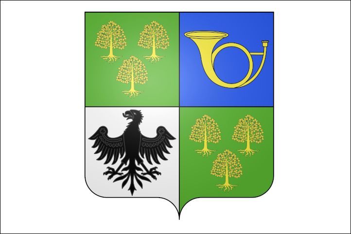 Das Wappen besteht aus vier Feldern. Oben links sind grüne Bäume auf grünem Grund, oben rechts eine gelbe Jagdhorn auf blauem Grund. Unten links zeigt ein schwarzer Adler auf weißem Grund, und unten rechts sind grüne Bäume auf grünem Grund.