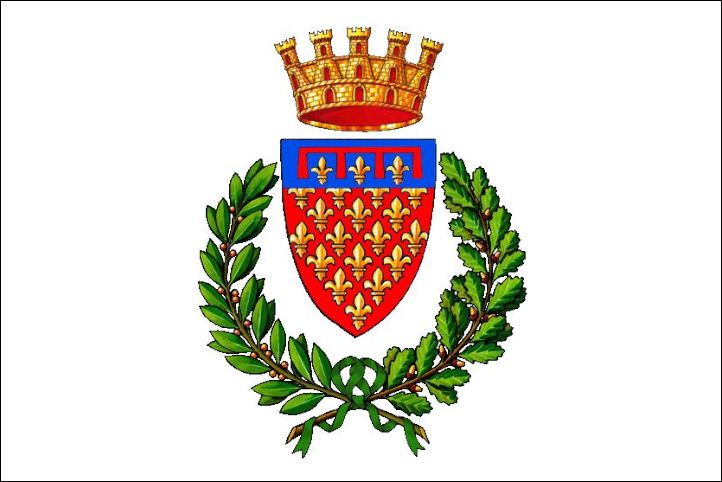 Wappen mit einem roten Schild, der goldene Lilien enthält und von einer blauen Fläche mit goldenen Elementen oben flankiert wird. Umgeben von einem Kranz aus grünen Eichen- und Lorbeerblättern. Darüber thront eine goldene Krone.