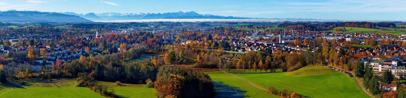 Landschaftsaufnahme eines malerischen Dorfes mit bunten Bäumen im Herbst. Im Hintergrund sind die schneebedeckten Berge sichtbar, unter einem klaren blauen Himmel. Grünes Feld und dichte Wälder umgeben die Siedlung, die in warmen Farbtönen strahlt.