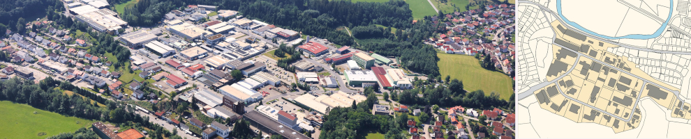 Collage: Luftbild und Plan Gewerbegebiet Atzenberg