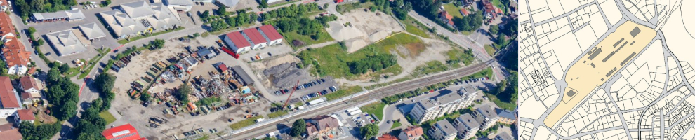 Collage: Luftbild und Plan Gewerbegebiet Bahnhofsgelände