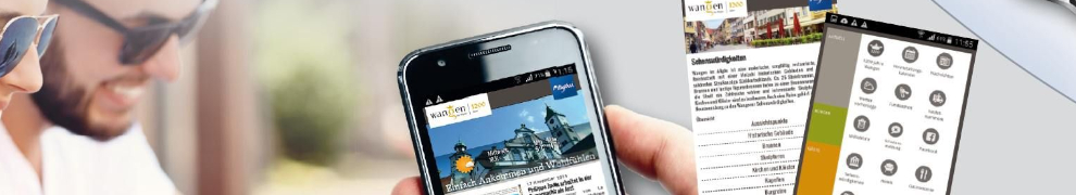 Bildcollage: links verschwommen zwei Personen, daneben Handy in einer Hand, auf dem die Wangen-App zu sehen ist und rechts Screenshots aus der App