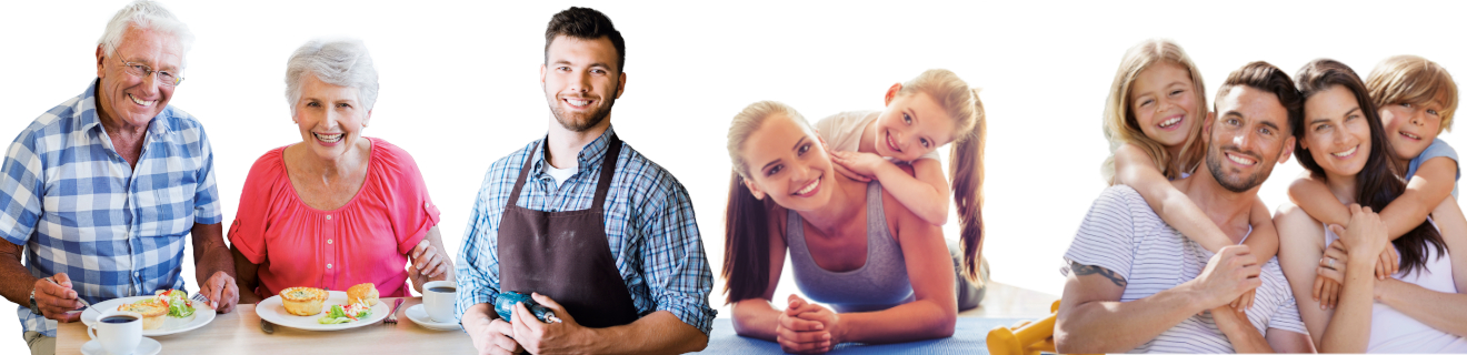 Bildcollage: Älteres Ehepaar beim Essen, Handwerker mit Bohrmaschine, Mutter und Tochter beim Sport, Familie mit Mutter, Vater und zwei Kindern