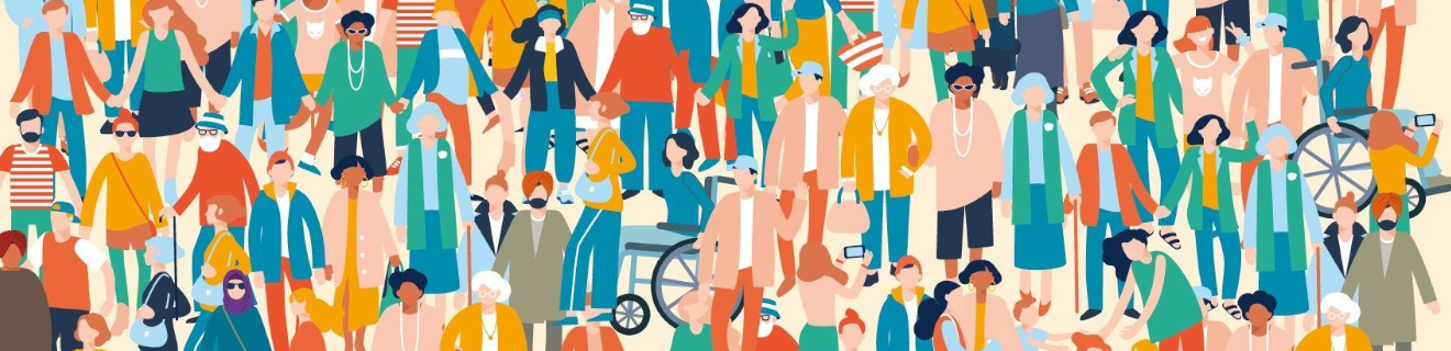 Eine vielfältige Gruppe von Menschen steht zusammen, darunter Menschen unterschiedlichen Alters, Geschlechts und ethnischer Herkunft sowie eine Person im Rollstuhl.