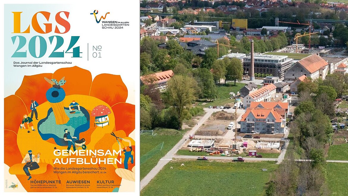Titelseite zum Heft der Landesgartenschau 2024 mit großer Blume und Luftbild von der ERBA