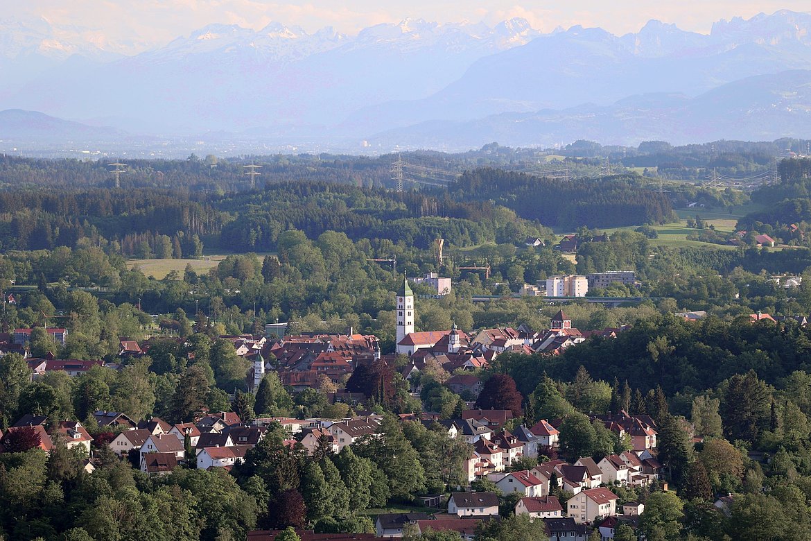 Luftbild von Wangen mit Bergen.