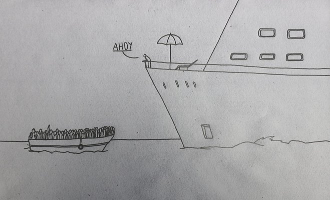 Eine Zeichnung zeigt ein Passagierschiff mit einer Person. Es trifft auf ein sehr eng besetztes kleines Boot.