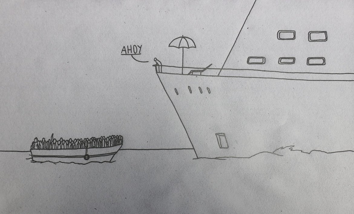 Eine Zeichnung zeigt ein Passagierschiff mit einer Person. Es trifft auf ein sehr eng besetztes kleines Boot.