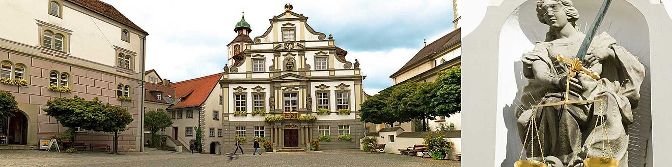 Bildcollage, links der Wangener Marktplatz mit Rathaus, rechts eine Skulptur der Justitia.