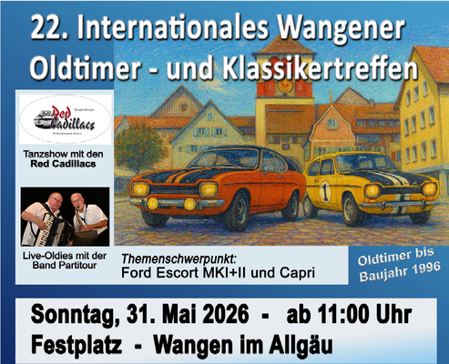 Plakat des Oldtimertreffens. Es zeigt ein KI-generiertes Bild mit zwei Oldtimern im Kreisverkehr vor dem Martinstor. Außerdem zu sehen ist ein Foto vom Duo PArtitour und Werbung für den Auftritt der Red Calliacs.