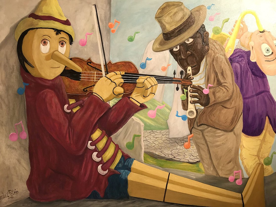 Bild mit zwei Musikern, einer sieht aus wie Pinocchio mit langer Nase