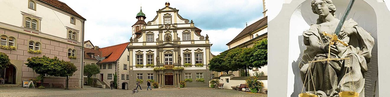 Bildcollage, links der Wangener Marktplatz mit Rathaus, rechts eine Skulptur der Justitia.