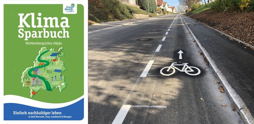 Collage Titel des Klimspabuchs und Radweg-Symbol