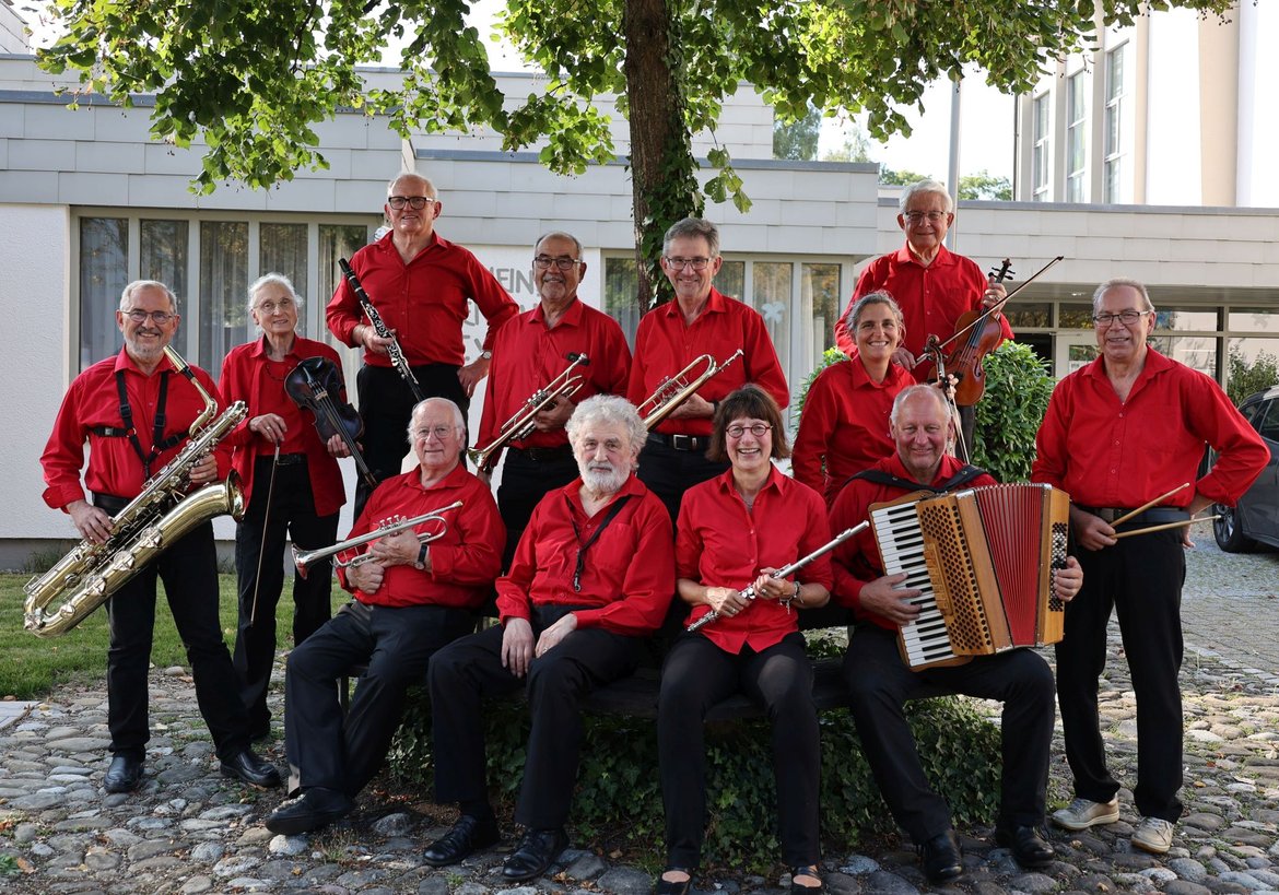 12 Musikerinnen und Musiker mit ihren Instrumenten