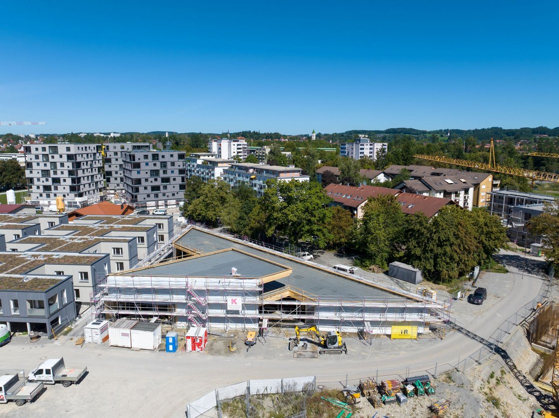 Blick auf den Kindergartenaufbau im neuen Wohnquartier Auwiesen.