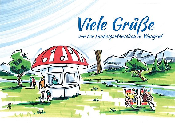 Eine gemalte Postkarte mit Fliegenpilz und Aussichtsturm 