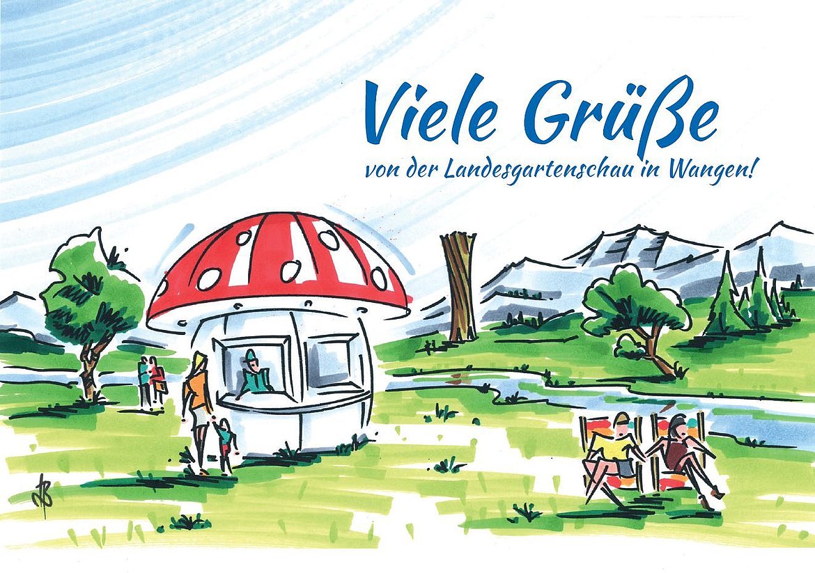 Eine gemalte Postkarte mit Fliegenpilz und Aussichtsturm 