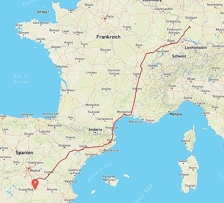 Landkarte mit dem Flugweg des Storchen von Mössingen bis nach Spanien