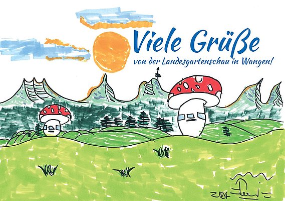 Eine gemalte Postkarte mit Fliegenpilz, Bergen, Sonne und Aussichtsturm 