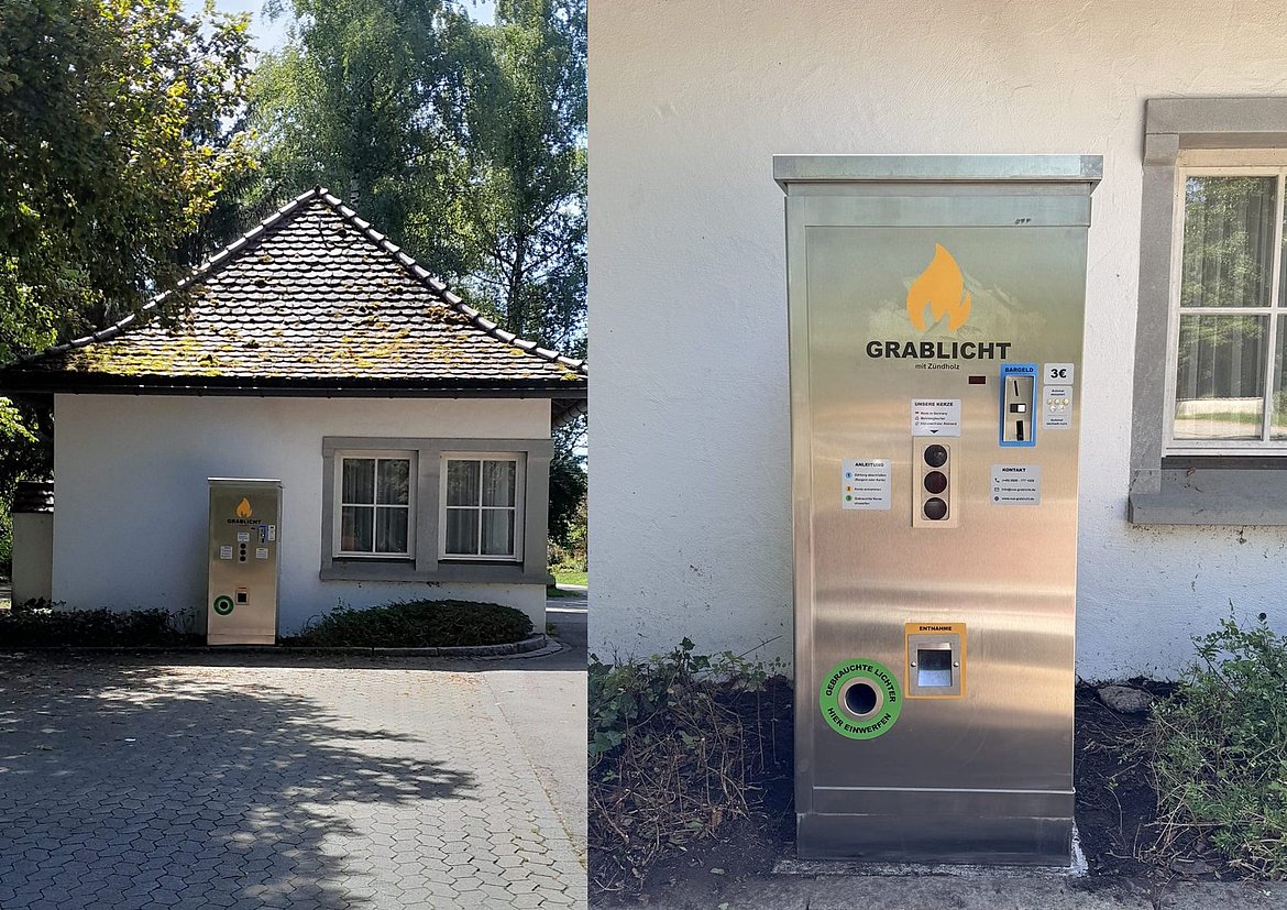 Zwei Fotos:Nummer 1 zeigt das Gebäude mit Grablichtautomat, das andere den Automaten aus der Näher.