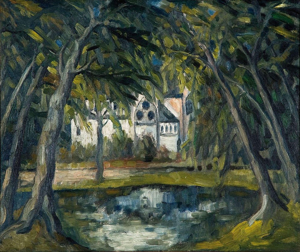 Gemälde mit einem kleinen See, Wald und einem Haus im Hintergrund.