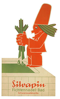 Eine stilisierte Figur mit langem Hut und grünem Haar, die zwei grüne Zweige hält. Der Hintergrund ist in hellen Farben gehalten, und die Figur steht über dem Text "Silvaprin Fichtennadel-Bad Schwarzwaldmarke".