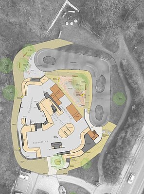 Luftaufnahme eines Geländeplans, der die verschiedenen Bereiche eines Parks zeigt, einschließlich Sportanlagen. Die Anordnung von Wegen und Bäumen ist klar strukturiert. Der Plan umfasst auch einige Gebäude.