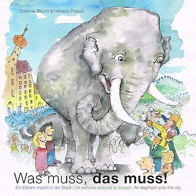 Zeichnung: Großer Elefant in einer Stadt
