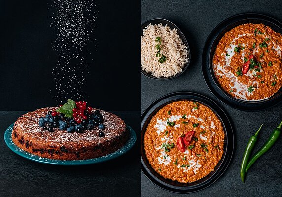 Zwei Gerichte in Beerenkuchen und ein Linsengericht