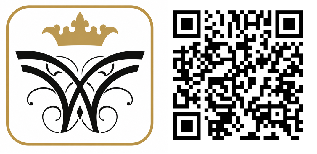 Ein Logo mit einem stilisierten "W" und einer Krone darüber, umgeben von geschwungenen Linien. Rechts daneben befindet sich ein QR-Code auf einem weißen Hintergrund.