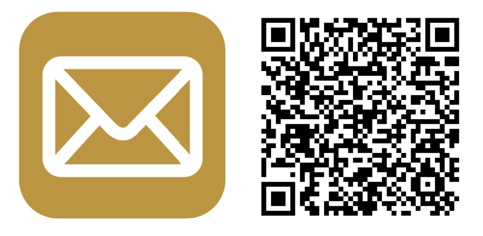 Ein goldenes E-Mail-Symbol links und ein QR-Code rechts, der möglicherweise zu einer Webseite oder Kontaktinformationen führt.