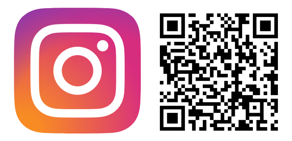 Das Bild zeigt das Instagram-Logo auf der linken Seite, das in den Farben lila, orange und weiß gestaltet ist. Auf der rechten Seite befindet sich ein QR-Code, der gescannt werden kann, um zu einer Webseite zu gelangen.