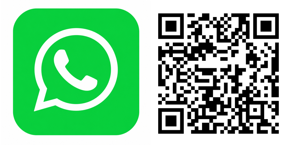 Ein grünes WhatsApp-Logo mit einem Telefonsymbol daneben und ein QR-Code, der zur WhatsApp-Anwendung führt.